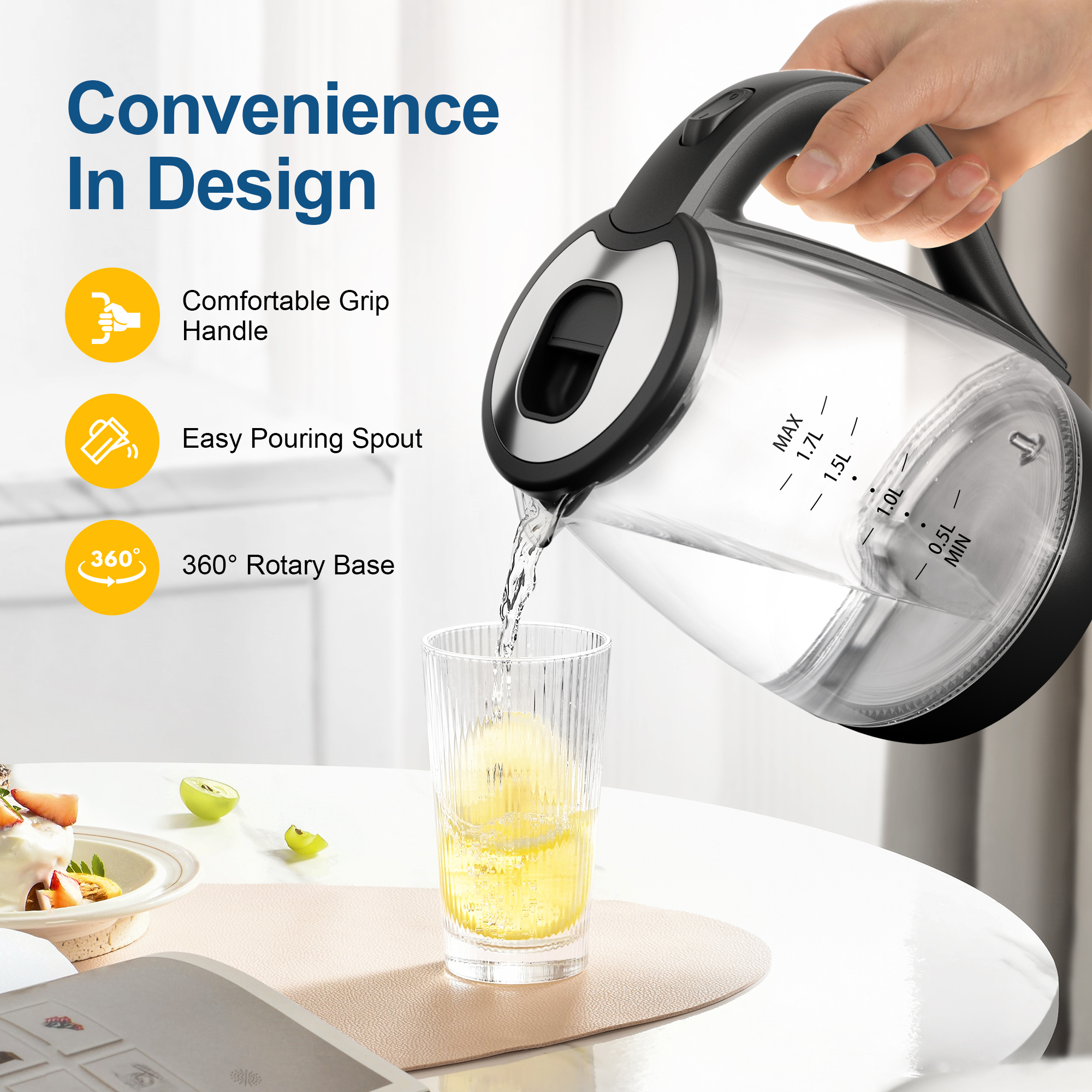CACHOO Electric Kettle, 1.7L Tea Kettle & Hot Water Boiler for Coffee & Tea, Water Heater & Teapot, Automatic Shut Off, Borosilicate Glass, Black, 1200W