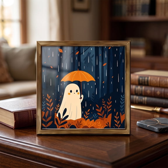 Natural Wood Framed Cute Ghost Reading Book Halloween Wall Art Print 20x20cm Vintage Spooky Pumpkin Illustration Wall Hanging Decor For Bedroom Living Room Holiday Tabletop Picture