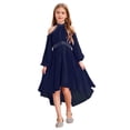 thumbnail image 1 of TiaoBug Girls Solid Color Halter Off Shoulder Long Sleeve Party Dress with Ruffled Hem and Diamond Embellishments Navy Blue 14, 1 of 7