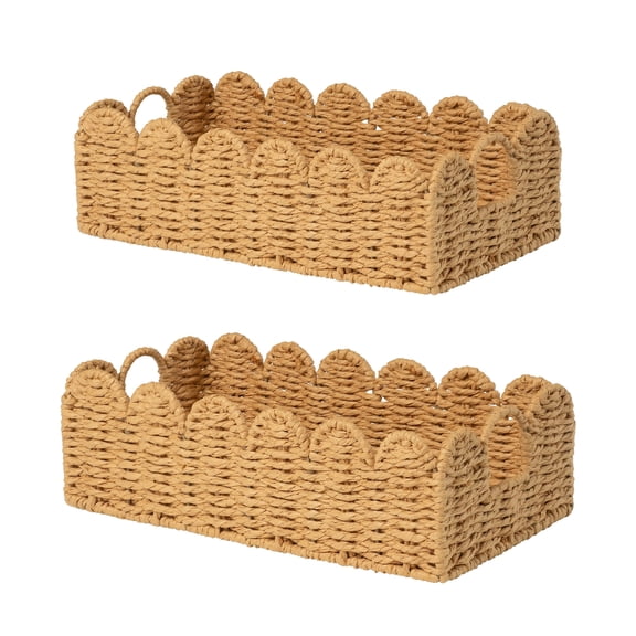 Domaci 2 Pack Wicker Storage Baskets, Scalloped Edge Woven Baskets with Handles, Handwoven Organizer Bins for Shelves, Bathroom Toilet Paper & Home Decor