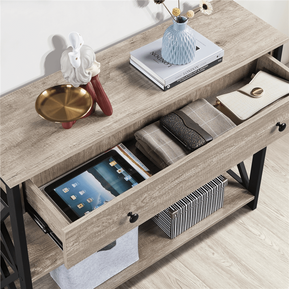 Renwick Vintage Wooden Console Table with 1 Drawer and 2 Open Shelves for Livingroom, Gray