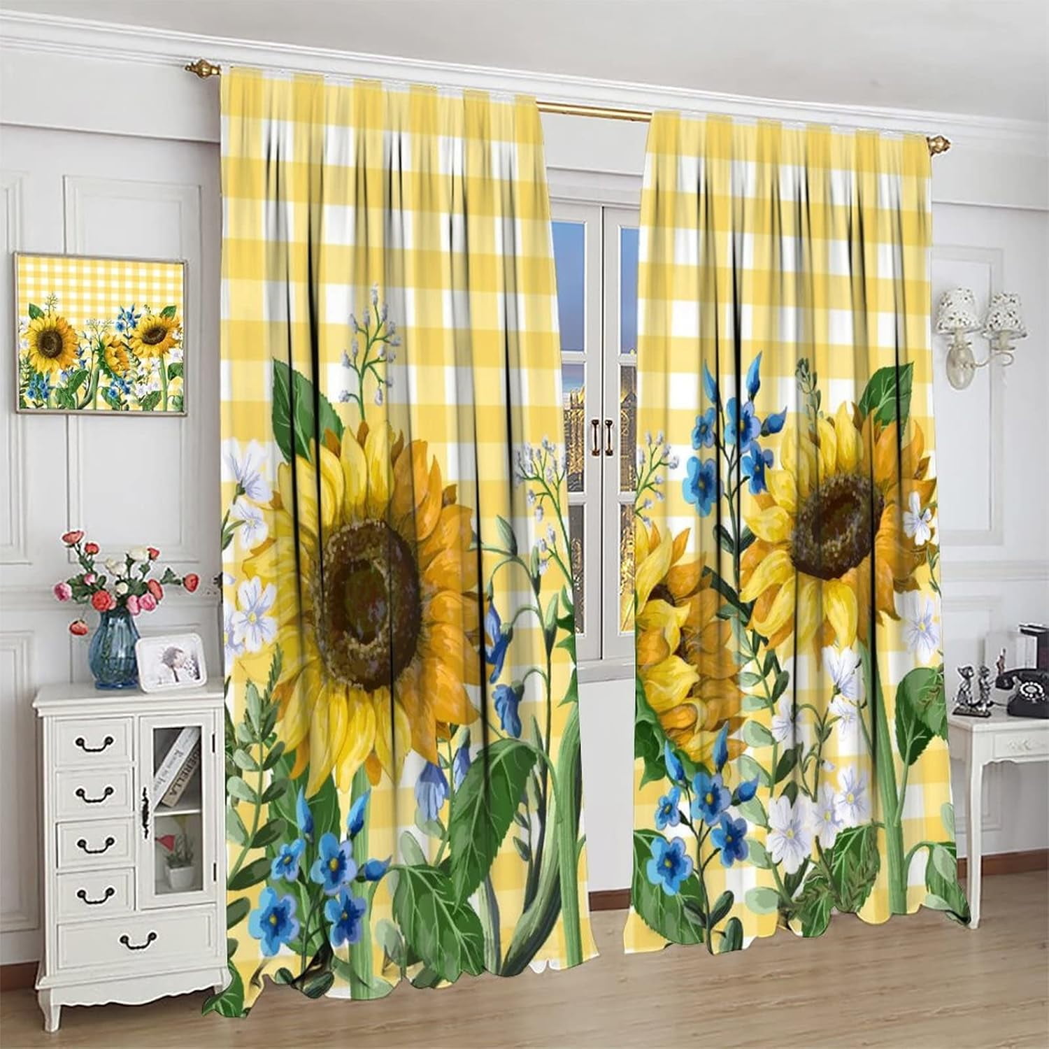 Sunflower Blackout Curtains Spring Beautiful Floral Bright Yellow White Buffalo Check Plaid Colorful Rustic Art Print for Living Room Bedroom Kitchen Decor Rod Pocket Window Drapes 2 Panels 42x54in