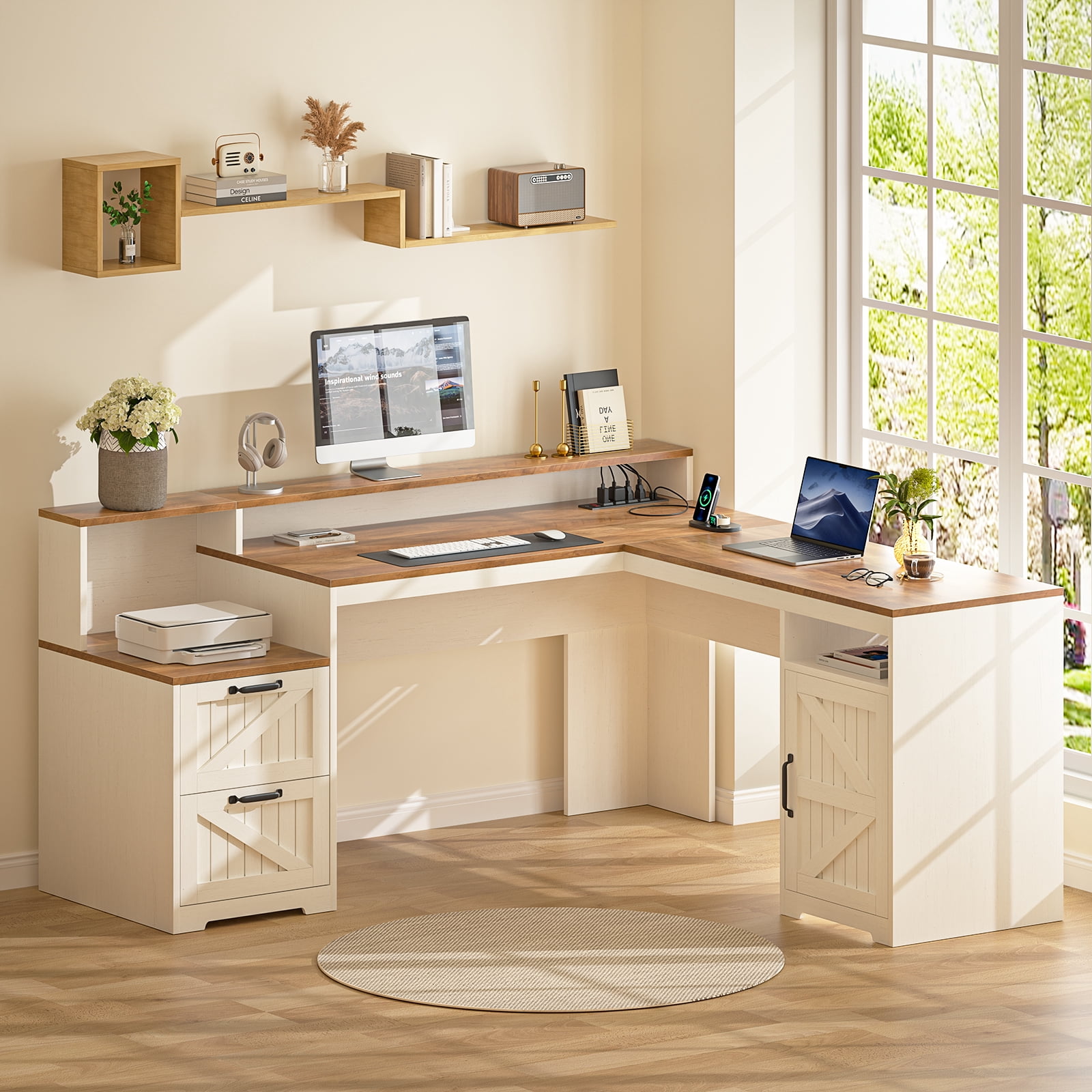 63" Farmhouse L Shaped Executive Desk with Drawers & Storage Shelf, Corner Computer Desk with Power Outlets, L Shaped Office Desk with Monitor Stand, Printer Shelf, Antique White
