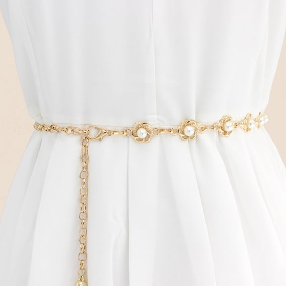 SmartBy Metal Waist Chain Flower Pearl Inlaid Belt for Women Adjustable Body Link Fashion Accessory Dress Belt Trouser Belt Women's Accessories