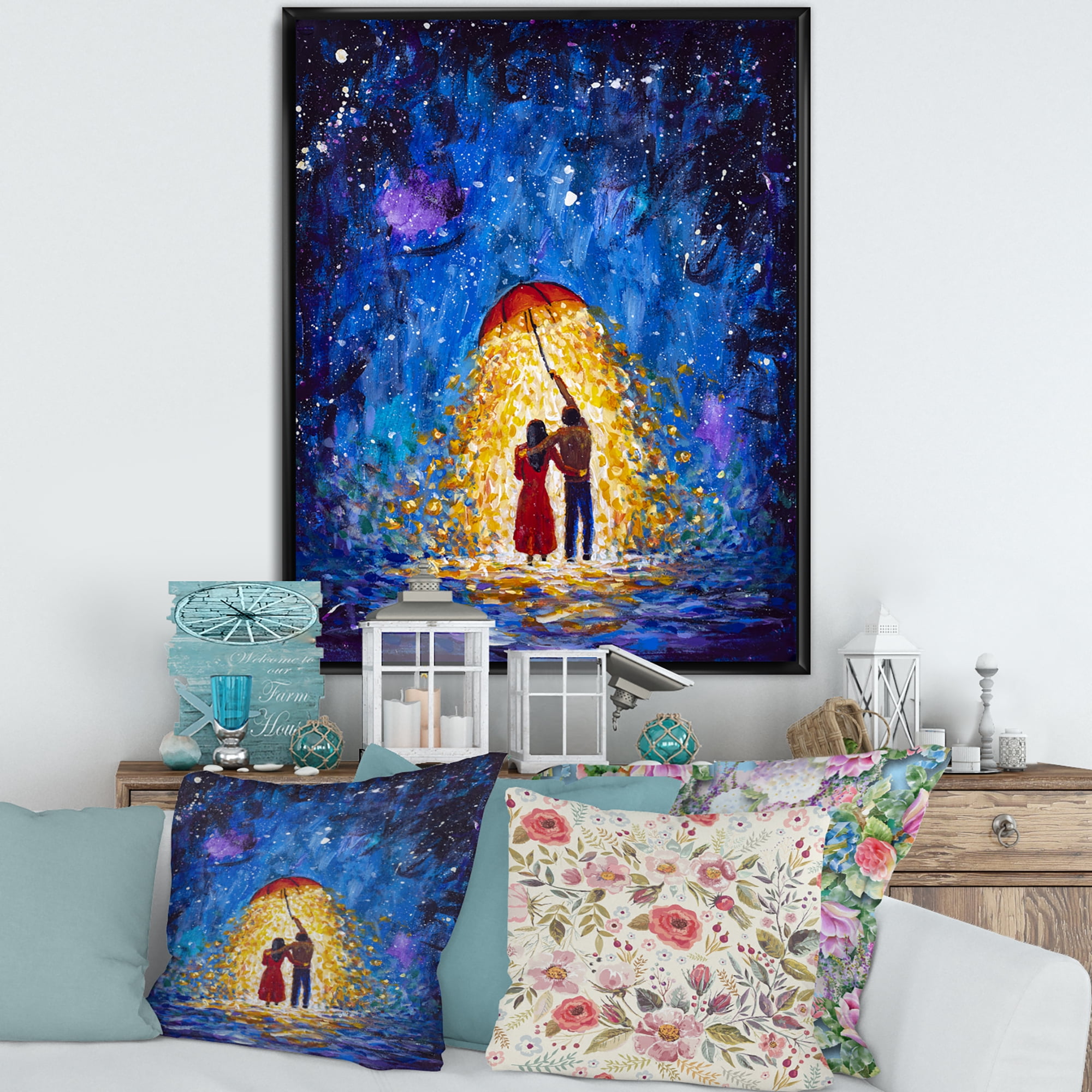 Designart 'Abstract Couple In Love Walks Under Glowing Umbrella' French Country Framed Canvas Wall Art Print