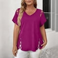 thumbnail image 2 of CIENVNSTG Short Sleeve V Neck Top Women's 2026 Spring Summer Fashion with Lattice Cutout on Sleeves and Hem Dressy Loose Fit Casual Tunic Blouse for Daily Trendy Outfits Hot Pink 5XL, 2 of 4