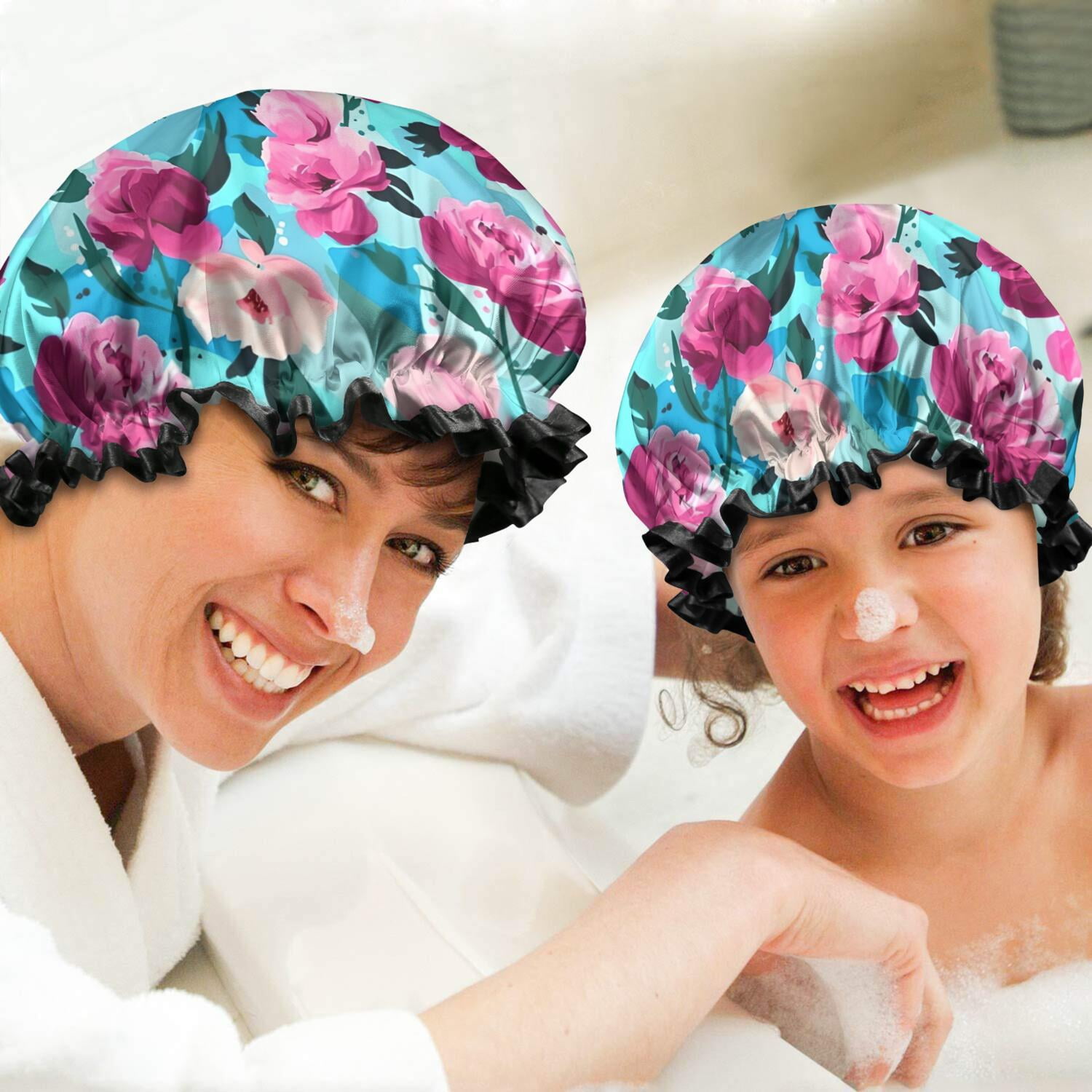 Shower Caps,Pioneer Flower Floral Print Pattern Waterproof Shower Cap for Women 4 Pieces,Double Reusable Hair Cover for Shower PEVA Elastic Stretch Hem