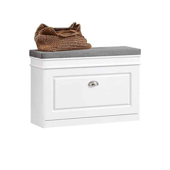 Small Shoe Storage , Narrow Shoe Cabinet for Entryway, Shoe Rack with Cushion&2 Tiers -Drawer, Closet Hallway Mudroom White FSR82-L-W