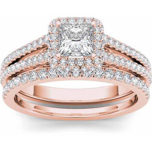 3/4 Carat T.W. Diamond Single Halo 14kt Rose Gold Engagement Ring Set ...