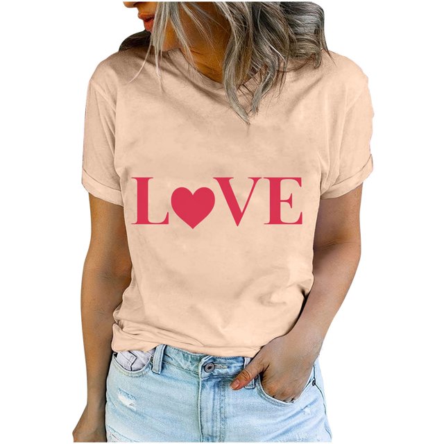 Diufon Hauts de la Saint-Valentin pour Femmes Décontracté Tendance Manches Courtes Col Rond Chemisier Imprimé Graphique Mignon