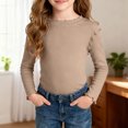 thumbnail image 2 of WUANDIXFA Cute Shirts for Girls Ruffle Long Sleeve Crewneck Ribbed Knit Blouses Tops (Coffee, 5-6 Years), 2 of 9
