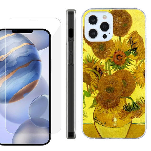 Slim Fit Protective Phone Case for Apple iPhone 12 / iPhone 12 Pro, with Tempered Glass Screen Protector, by OneToughShield ® - Sunflower