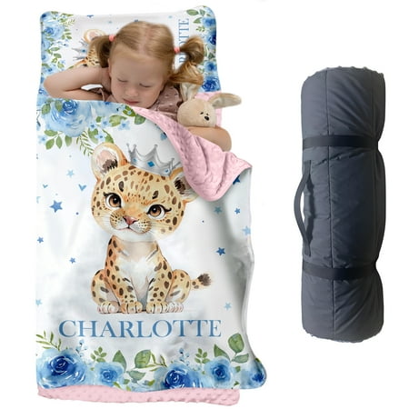Custom Toddler Nap Mat for Preschool Personalized Name Light Blue Kids Sleeping Bag with Leopard for Daycare Roll Up Sleeping Mat with Removable Pillow and Soft Dot Minky Blanke for Girls Camping