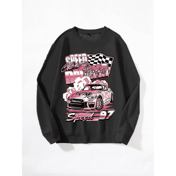Whichone Men's Long Sleeve Crewneck Sweatshirt Pink Racing Car "Speed 97" Print - 3 Colors (S-XXL)