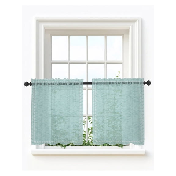 Turquoise Textured Tier Curtains 24 Inch Length,Sheer Curtains for Bedroom Living Room Window Farmhouse Country Woven Striped Rod Pocket Drapes Kitchen Curtains Small Half Window 27.5"x24" 2 Panels