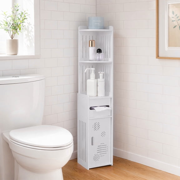 Yucurem 5 Tier Storage Cabinet, Rustic Toilet Paper Holder Stand with Under Box for Small Spaces