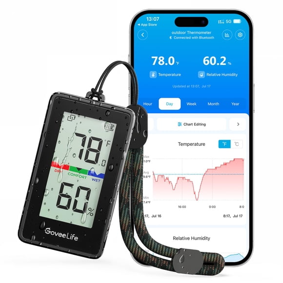 GoveeLife Portable Outdoor Hygrometer Thermometer with IP65 Waterproof, Standalone Digital Display, 197ft Buletooth Range, Notification Ale