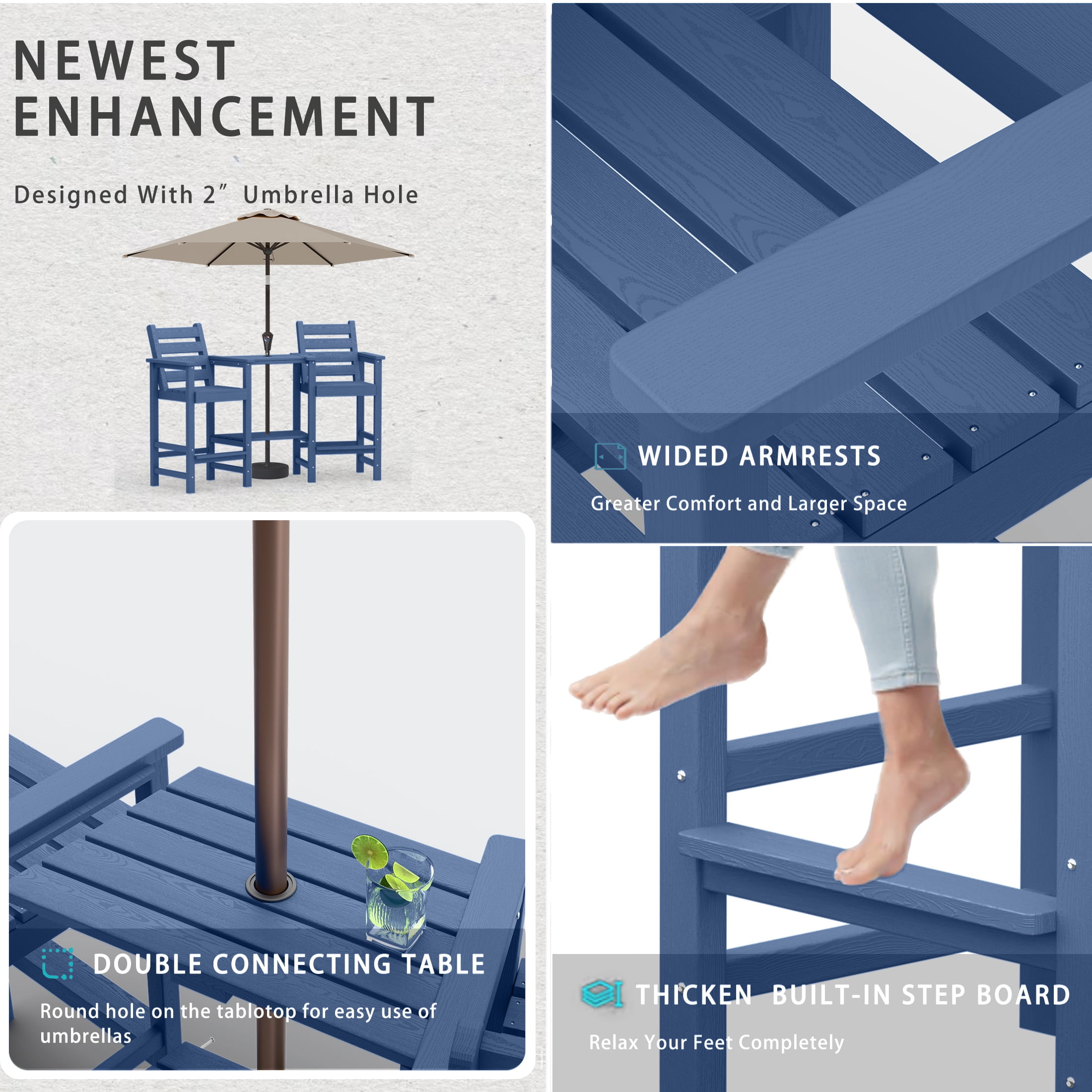 AreShark HDPE Tall Adirondack Chair Set with Removable Double Trays (Set of 2) Navy