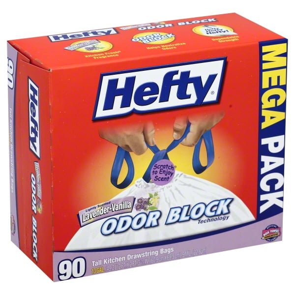 Hefty Odor Block 13 Gallon Lavender Vanilla Scent Drawstring Tall Kitchen Trash Bags, 90 Pack