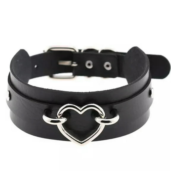 GKNET Gothic Punk Black PU Leather Spiked Rivet O-Ring Collar Stud Choker Necklace-Heart RIng 41cm