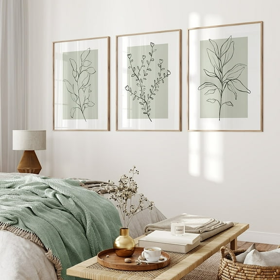 3pcs Sage Green Plant Line Art Posters, Modern Minimalist Neutral Botanical Canvas Prints for Living Room Bedroom Wall Decor, Nordic Bohemian Floral Leaves Artwork, Unframed Vertical Canvas Painting