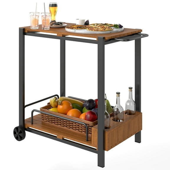 Beyamis Acacia Wood Outdoor Bar Cart with Smooth Wheels (Acacia), Rolling 2-Tier Coffee & Drink Cart with 3 Bottle Holders, Elegant Teak Finish, Portable
