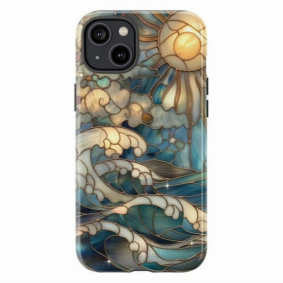 Ocean Wave Stained Glass Art Phone Case – Dual Layer Shockproof Cover for iPhone 16 15 14 13 12 11 Pro Max