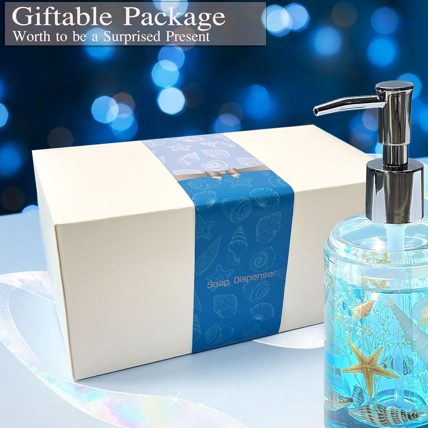 FONMY Refillable Countertop 18oz Soap Dispenser with Pump Acrylic w/ Seashell for Bathroom/Kitchen (Ocean Blue)