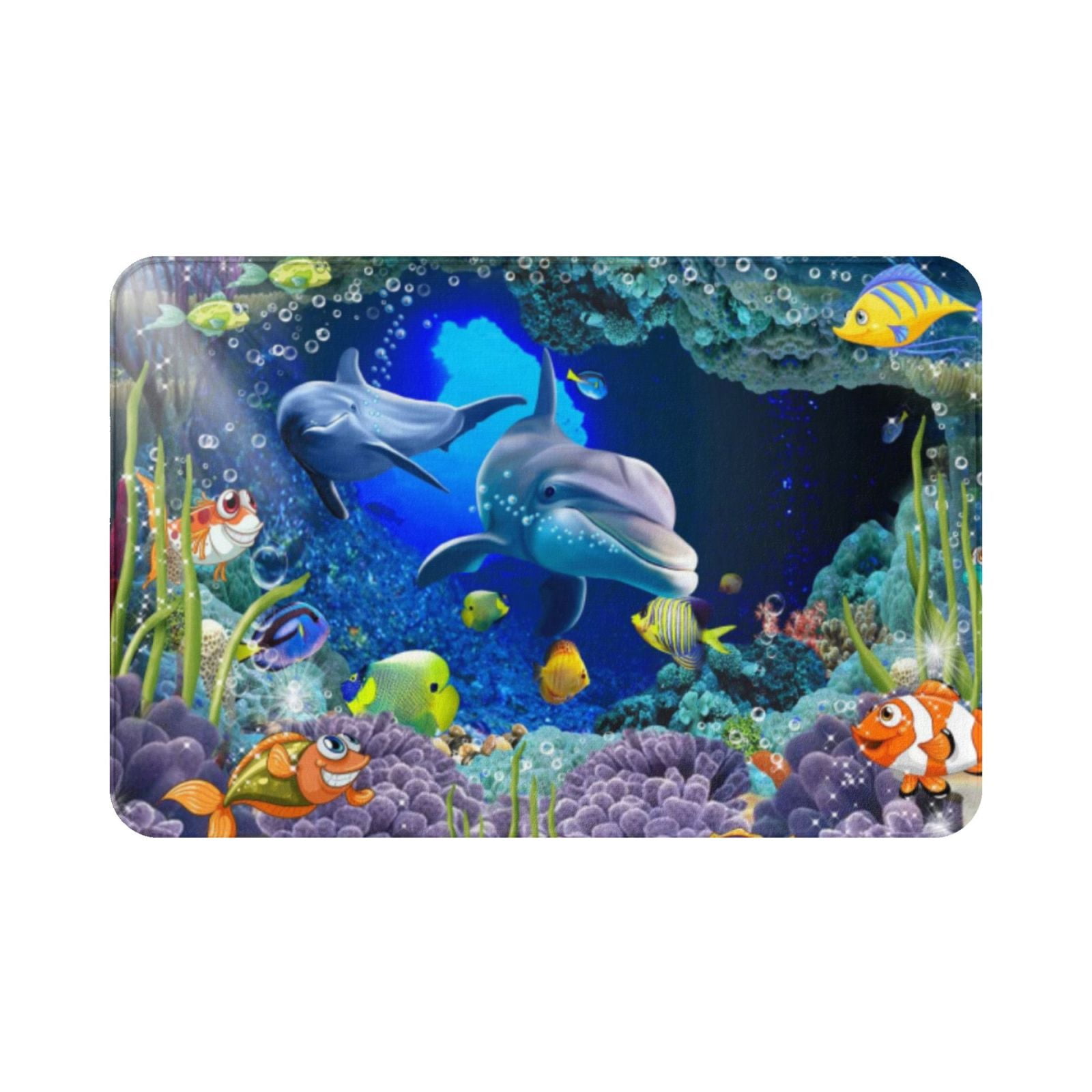 Dolphin Jumping From Sea Plush Bathroom Door Mat with Non Slip Backing 16x24" 