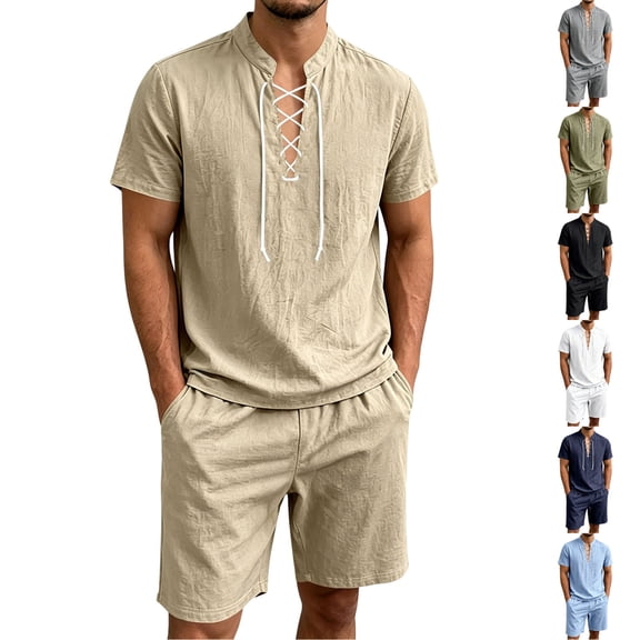 Mens Linen 2 Piece Set Short Sleeve Retro Medieval Viking Lace Up Henley Pirate Shirt and Shorts Summer Distressed Vacation Outfits Khaki