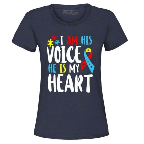 Shop4Ever Women's I Am His Voice He is My Heart Autism Awareness Graphic T-Shirt Large Navy