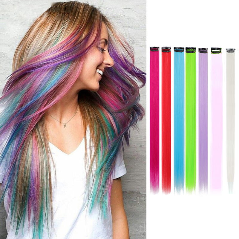 Colored Clip in Hair  Straight Clip in for Women and Kids  Multi-Colors Party Highlights Streak Synthetic 