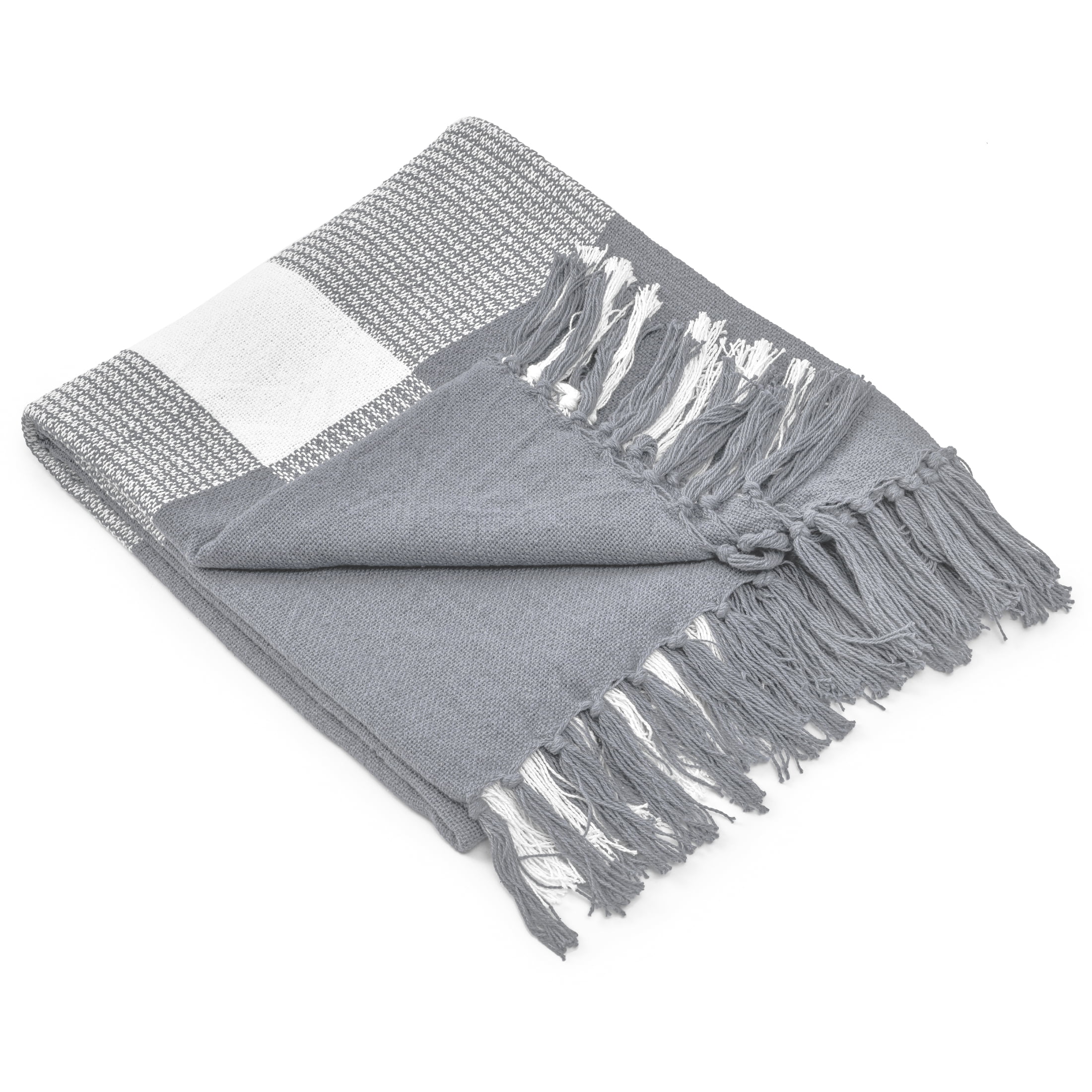 Ox Bay Gray/White Tartan Plaid Cotton Throw Blanket, 50" x 60"