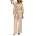 thumbnail image 2 of Women 2 Piece Outfits Casual Lounge Sets Long Sleeve Button Down Shirts and Wide Leg Pants Sets Khaki XL, 2 of 9