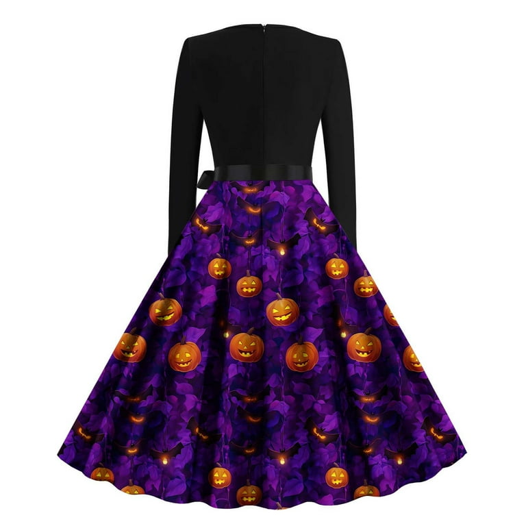 Swiftwear Gothic Pumpkin A Line Dress for Women - Black Crew Neck Long Sleeve with Skull & Pumpkin Print, Ribbon Bowknot Waist Halloween Costumes,