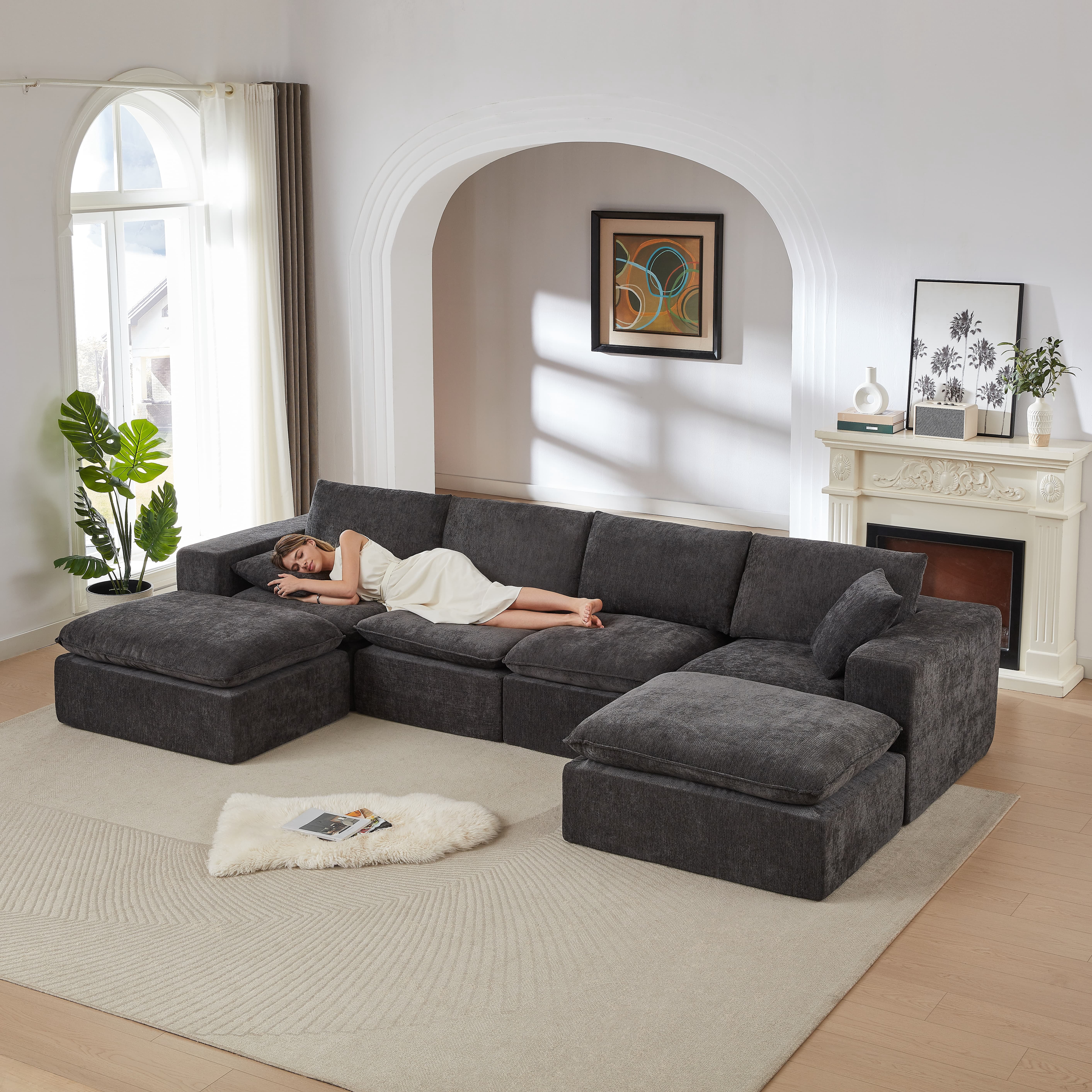 MAYEERTY Modern Modular Chenille Sofa, Dark Gray Cloud-Soft Sectional Couch for Living Room
