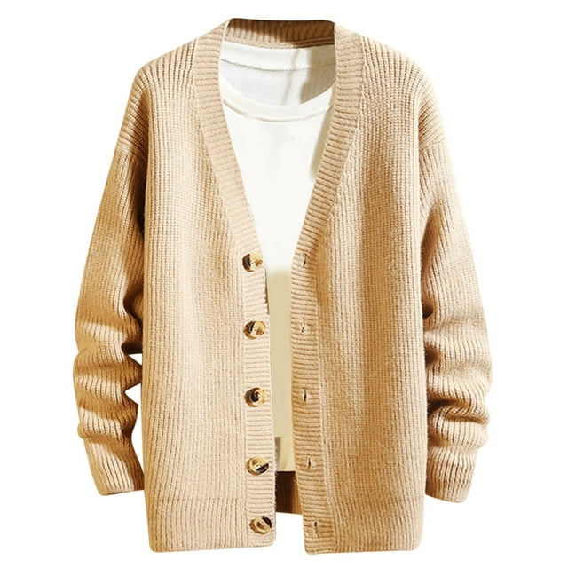 Mens Knitted V-Neck Cardigan Sweater - Lightweight Long-Sleeve Button Front Jacket With Pockets, Ribbed Cuffs For Casual And Formal Layering In Winter