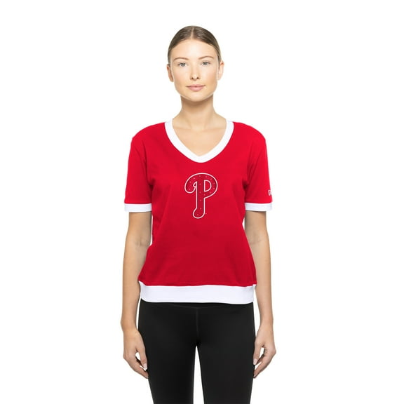 Women's-New Era Red Philadelphia Phillies Game Day Rhinestone V-Neck T-Shirt