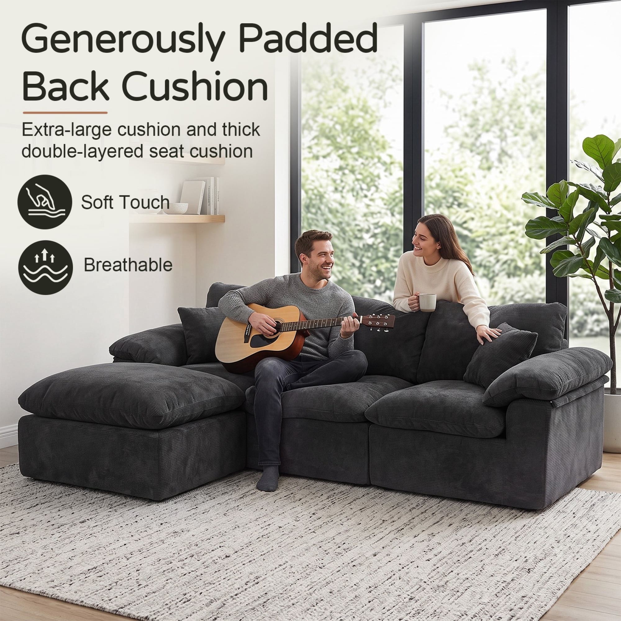 HOQBN Modular Sectional Sofa, L Shape Cloud Couch with 1 Movable Ottoman, Comfy Chenille Deep Seat Sofa with Soft Pillows for Living Room Apartment Black
