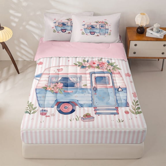 Homewish Kids Cute Camper Zipper Twin Comforter Sets with Fitted Sheet and 2 Pillowcases For Travel Trailers,Pink Flowers Floral Zipper Bedding Set For Girls,Black Reversible,4 Pieces