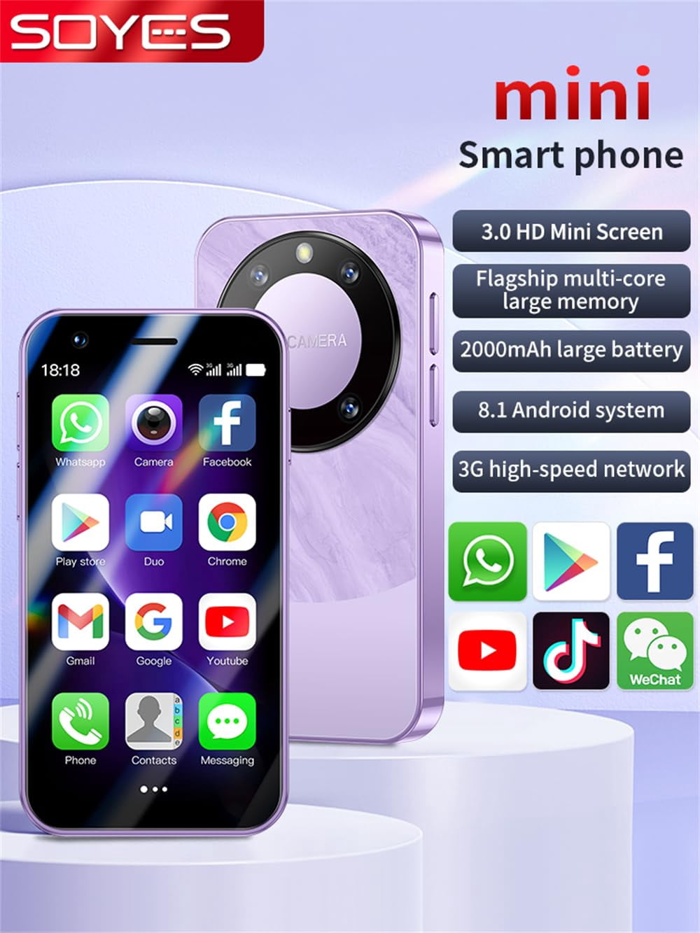 Mini Smartphone for Kids SOYES F8 Pro Max 3G Unlocked 3'' Small Size Mobile Phone 2000mAh 1GB 16GB Android 8.1 WiFi MP3 MP4 Bluetooth Novel Student Cellphone Gift