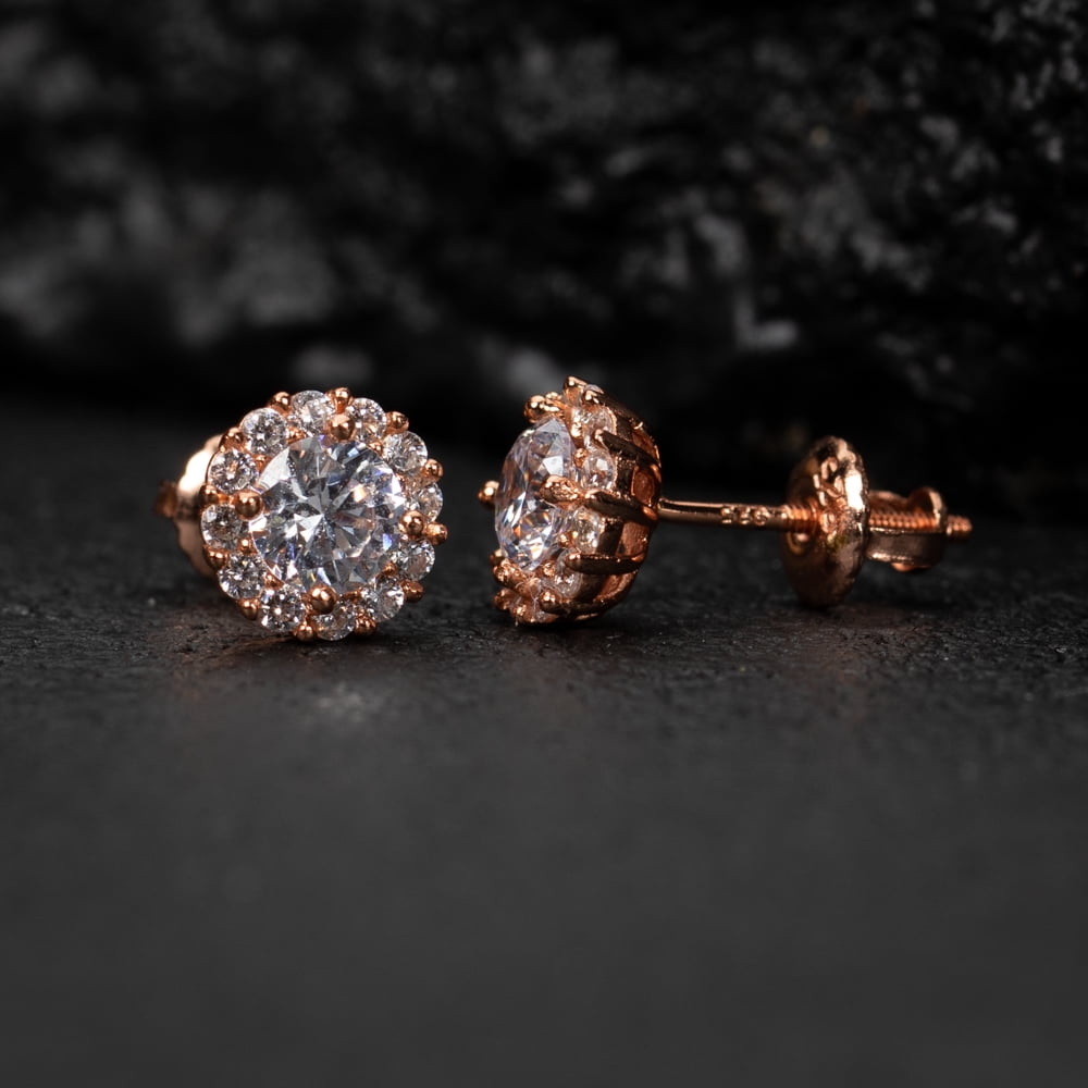 Men's Women's Round Cut CZ Rose Gold 925 Sterling Silver Small Halo Screw Back Stud Earrings