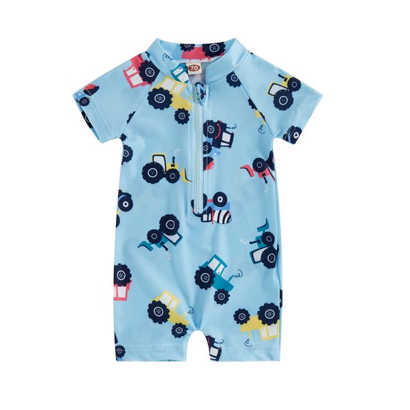 Aojekbee Kids Boys Summer Swimwear Casual Tractor/Fish Print Short Sleeve Zipper Rash Guard Swimsuit Beachwear Bathing Suit