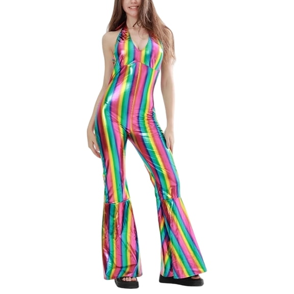 CAIXIA Overalls For Women Women's Rainbow Striped Halter Jumpsuit - Shiny Bell-Bottom Romper for Carnival & Costume Parties,Multicolour
