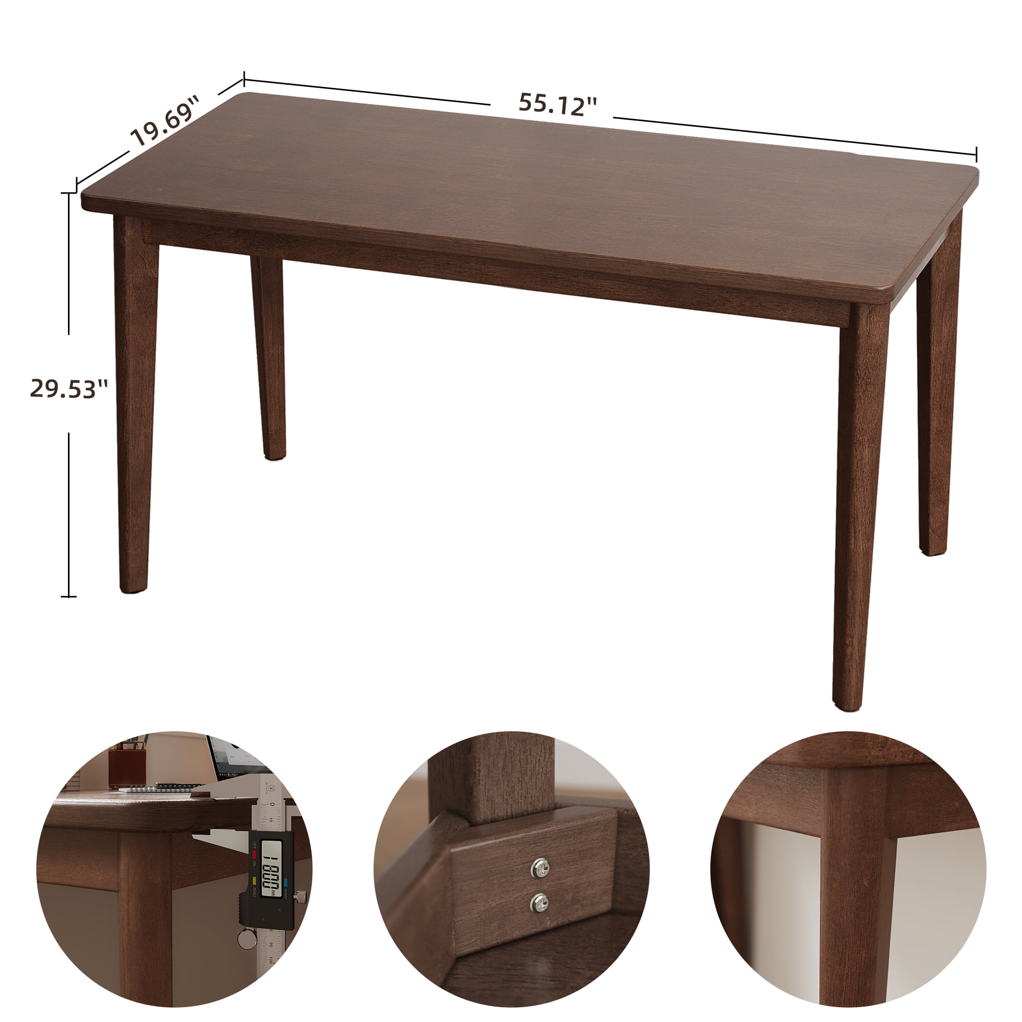 55.1-Inch Solid Wood Desk with Rubberwood Construction, Mid-Century Writing Table and Computer Desk for Bedroom Office Small Spaces, Walnut Color