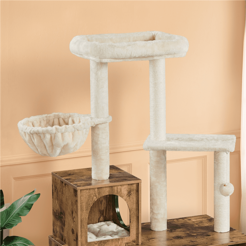 Renwick 53''  Wooden Litter Box Enclosure with Cat Tree Tower, Rustic Brown/Beige