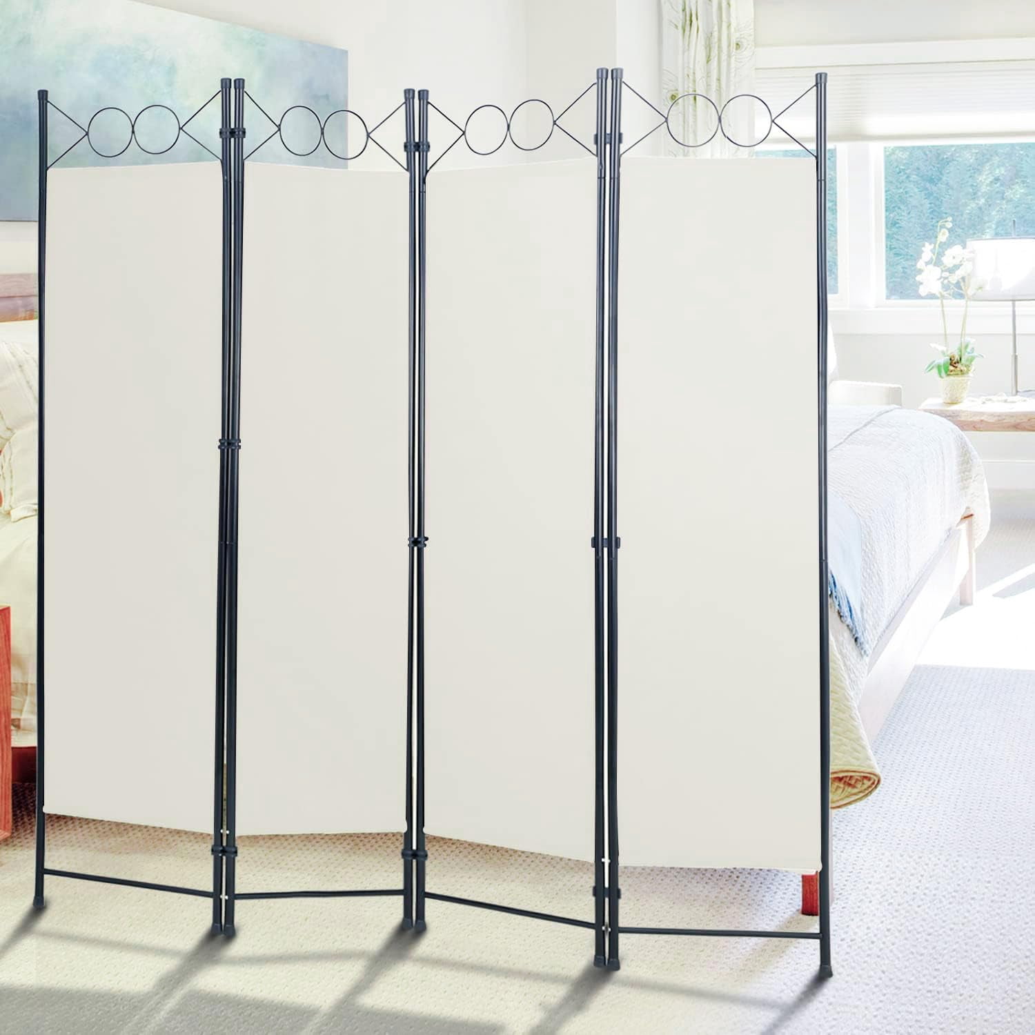 BIQWBIC 4-Panel Room Dividers and Folding Privacy Screens, 6.8 Ft Fabric Partition Screen, Beige