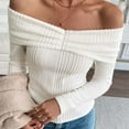 thumbnail image 3 of HOMBOM Womens Off The Shoulder Sweater Boat Neck White Slim Winter Long Sleeve Knit Tops Elegant for Women Solid, 3 of 8