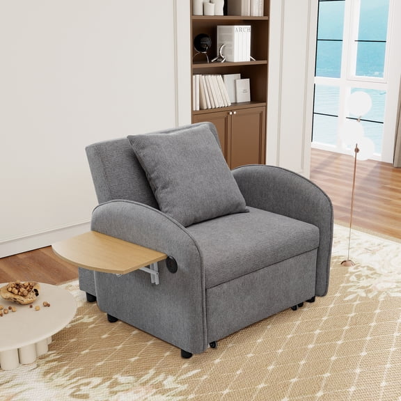 Convertible Single Chair Bed, 3 in 1 pull-out sofa bed comes with a computer board and USB ports. It can be used for both work and relaxation for various scenarios(Gray)