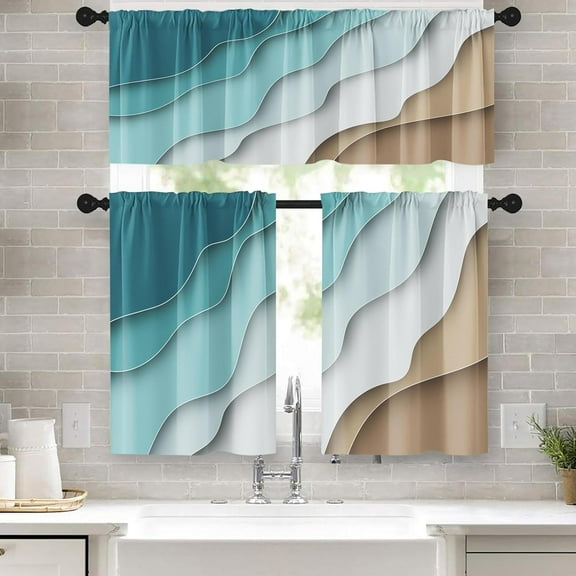 36 Kitchen Curtains Abstract Black Blue and Brown Window Curtains and Valances Set of 3 Modern Art Background Short Tier Curtain Vintage Small Kitchen Decor
